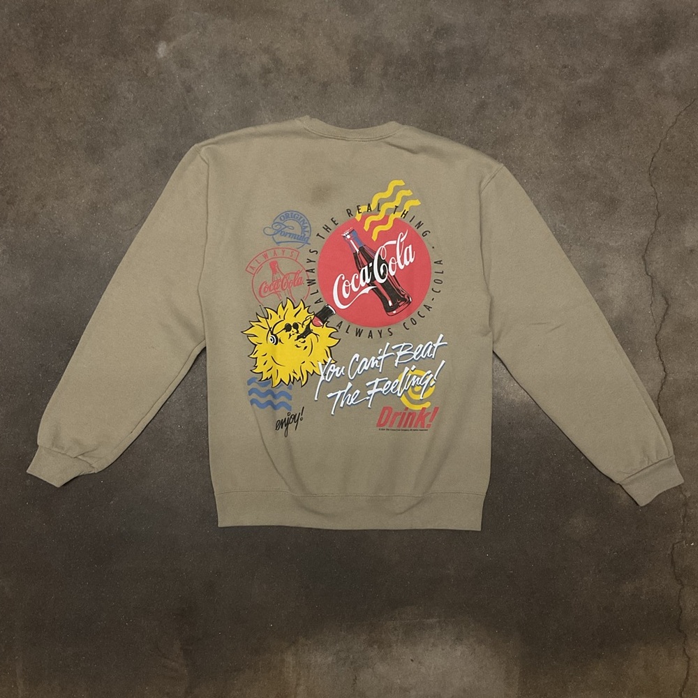 Coca Cola Graphic Sweatshirt Retro Bottle Print Tan Pullover Mens Size S